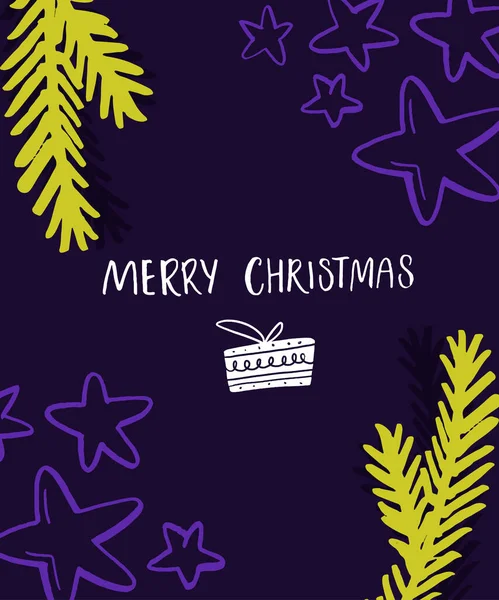 Helle Frohe Weihnachten Kartendesign Violette Und Neongrüne Farben Mit Handgearbeiteter — Stockvektor