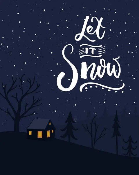 Let Snow Christmas Card Design Night Winter Scene Small House — Stock Vector