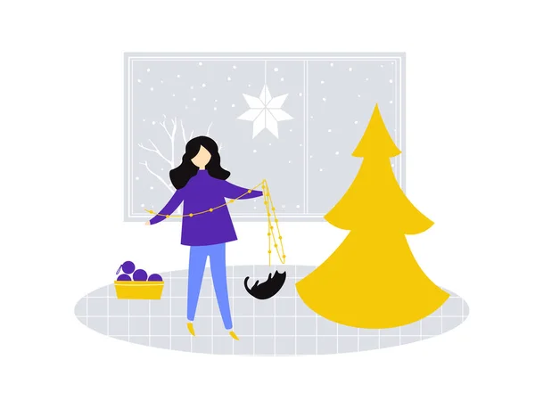 Girl Standing Holding Garland Decorating Christmas Tree Cat Plays Fairy — Stock Vector