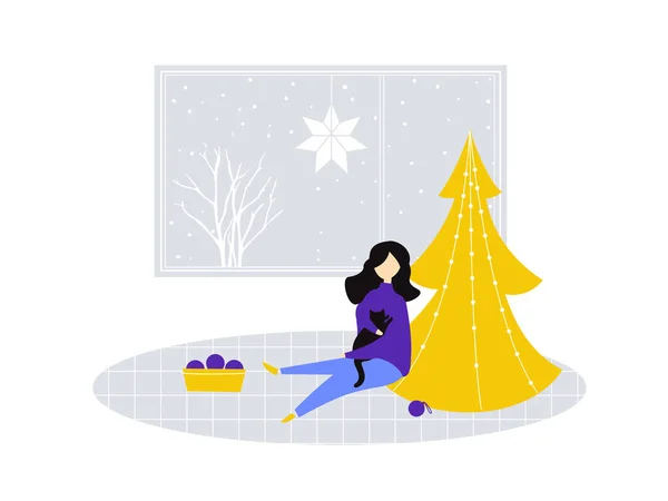 Girl Sit Hold Cat Partly Decorated Christmas Tree Flat Illustration — Stock Vector
