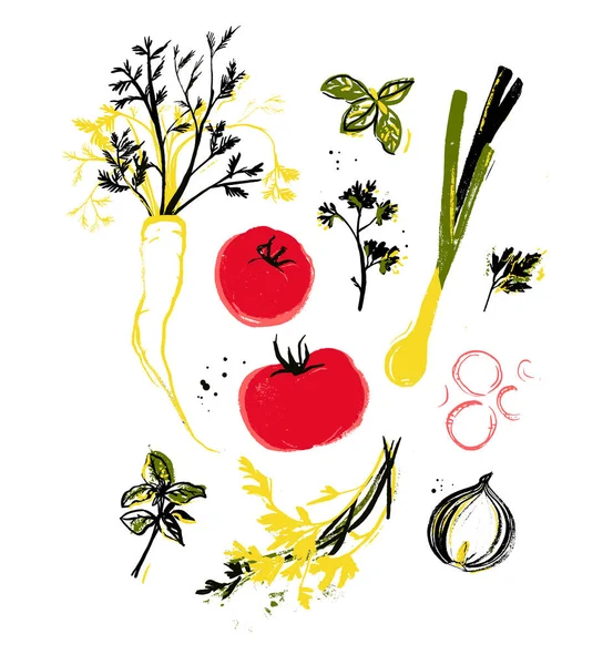 様々な野菜や調理ハーブ 手描きインクイラスト 不完全な野菜 地元で栽培され 農業市場の設計要素 新鮮な熟した赤いトマト ニンジン バジルの葉 — ストックベクタ