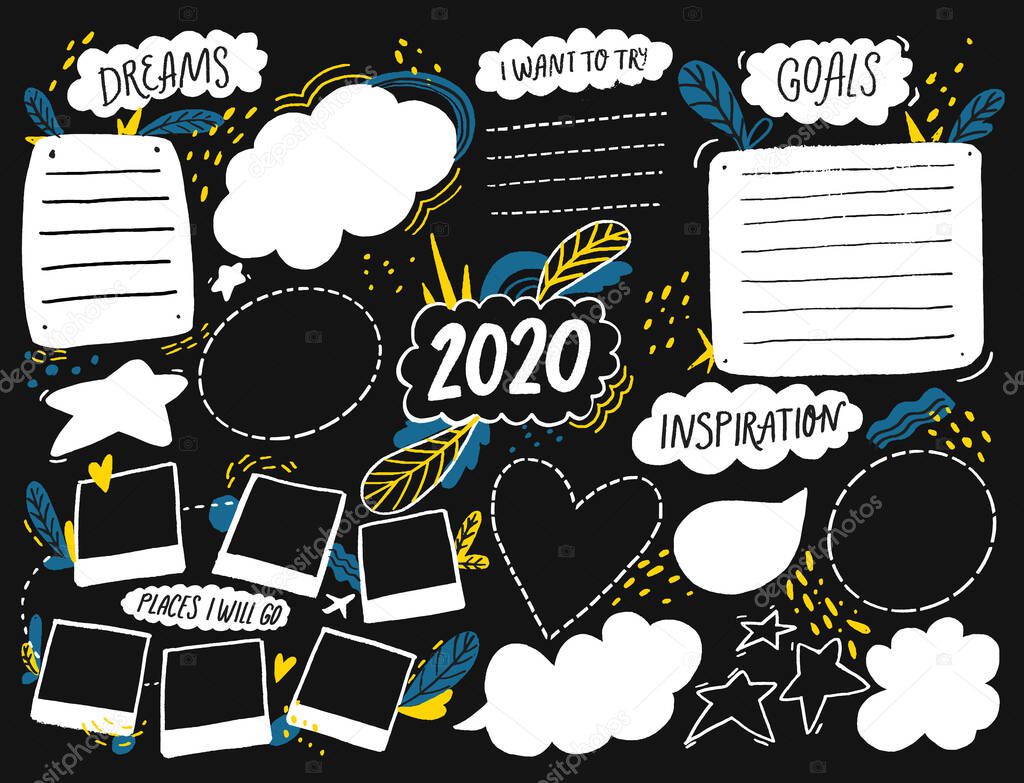 Vision board template with space for goals, dreams list, travel plans and inspiration. Collage frames for teens and kids, nursery poster design. Journal page for planning, new year resolutions chalkboard. 2020 design for prints with doodle stars, quo
