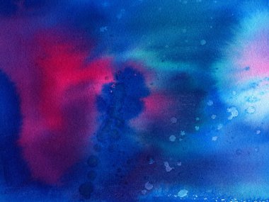 Su sıçramalı suluboya doku. Koyu mavi, turkuaz ve kırmızı renklerin karışımı. Kozmik arka plan boya darbeleri ve kabarıklıkları ile.