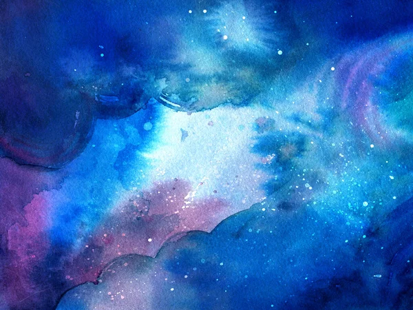 Parlayan yıldızlı suluboya kozmik doku. Boya darbeleri ve kabarıklıklarla dolu bir arka plan. Koyu mavi, lacivert ve mor renklerin güzel bir karışımı