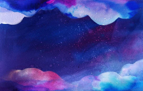Derin mavi uzay dokusunda suluboya bulutlar. Fantezi arka plan boya sıçrama ve kabarıklıklar.