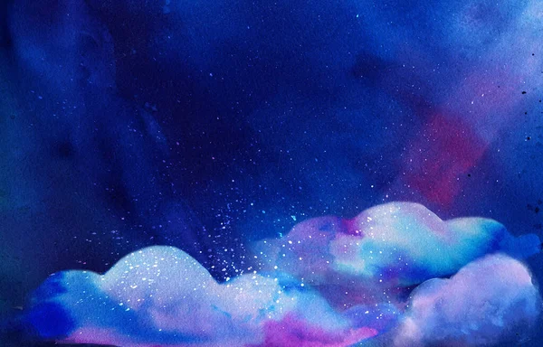 Fantasy watercolor space texture with clouds. Cosmic background with paint strokes and swashes.