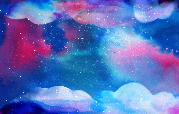 Magical watercolor space texture with stars and fantasy clouds. Mix of deep blue, teal and purple colors. Universe background with paint strokes and swashes.