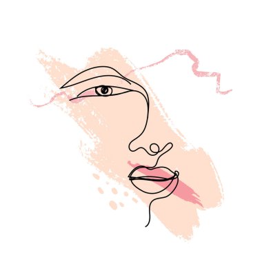 Kadın, pastel pembe fırça darbelerinde bir çizgi çiziyor. Güzellik logosu için tasarım, makyaj kartı, moda giysisi baskısı. Gözlerin, dudakların ve zarif şekillerin aralıksız hatları. Kadın portresi