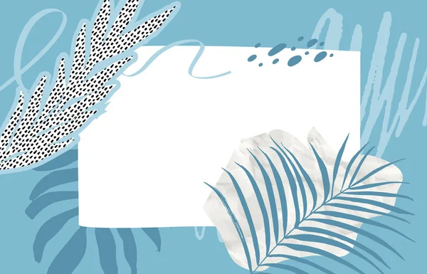 Moderní Koláž Tropickými Listy Pastelově Modrými Tahy Štětcem Skvrnami Vodorovně — Stockový vektor