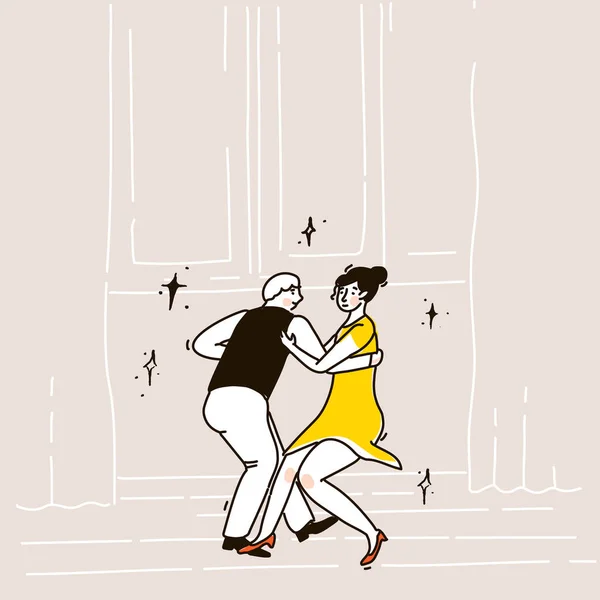 一对穿着背心跳舞的男人和一个穿着黄色短裙的女人 快速的林迪跳或沙克音乐 米色的舞厅内部 浪漫的约会场景 矢量概要说明 — 图库矢量图片