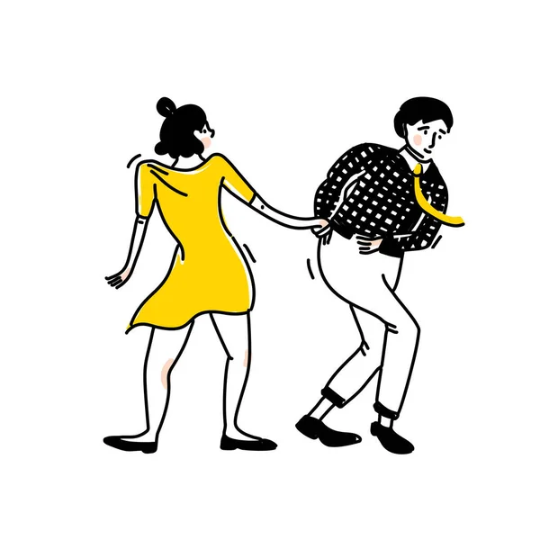 Swing Dance Couple Guy Black Shirt Tie Girl Short Yellow — Stock Vector