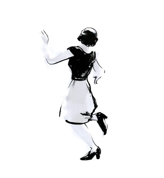 Disegno Inchiostro Donna Danzante Illustrazione Bianco Nero Elegante Posa Ragazza — Vettoriale Stock
