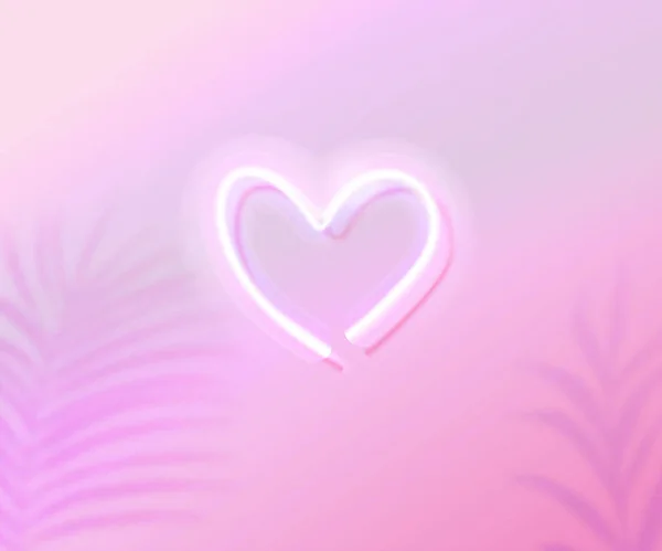 霓虹的心在粉色的渐变背景上闪烁着光芒 热带树叶的阴影覆盖着 情人节的元素 时尚贺卡设计 — 图库矢量图片