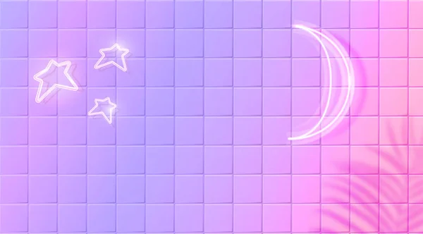 Белая Светящаяся Луна Звезды Неоновое Воздействие Стены Фиолетовой Керамической Плитки — стоковый вектор