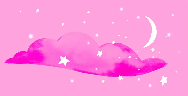 Nube Acuarela Rosa Con Media Luna Dibujada Mano Estrellas Ilustración — Archivo Imágenes Vectoriales