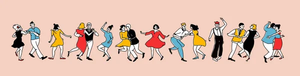 Dav Tančících Lidí Stylu Vintage Šaty Oblečení Swing Dance Horizontal — Stockový vektor