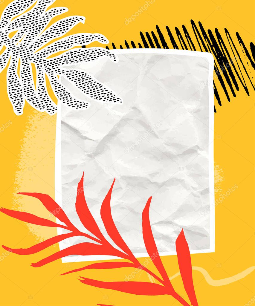 Paper collage background with orange and black brush strokes, crumpled paper and tropical palm leaf. Blank white copyspace on yellow texture, vertical vector design