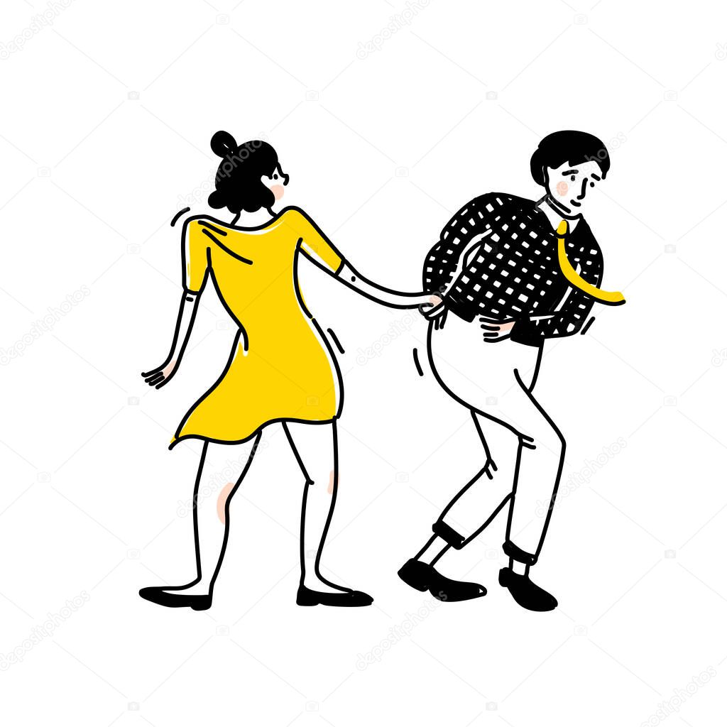 Swing dance couple, guy in black shirt with tie, girl in short yellow dress. Lindy hop dancers, retro social party. Vector outline illustration for school, workshops.