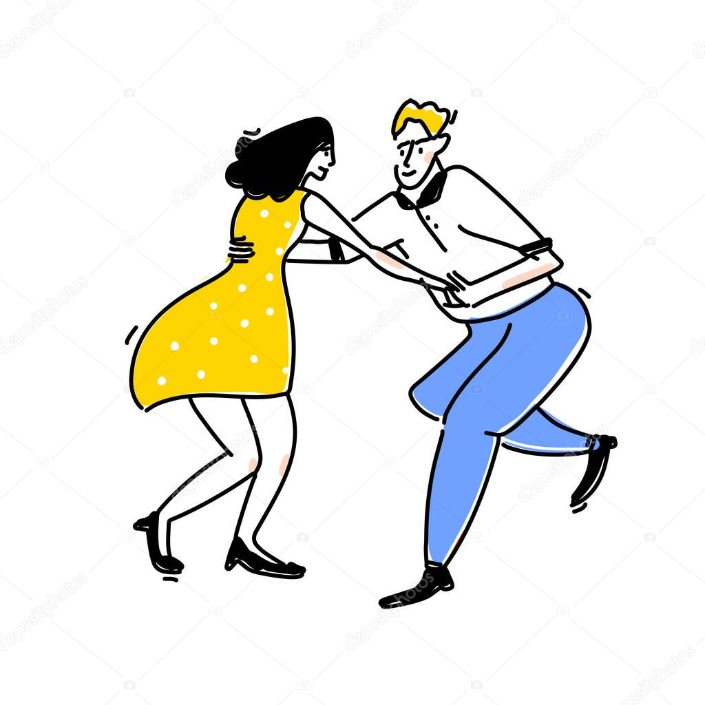 Lindy hop dance illustration. Couple in counterbalance, open position. Funny retro social party sign. Young dancing girl in yellow dress and man in blue jeans. Doodle vector line art.