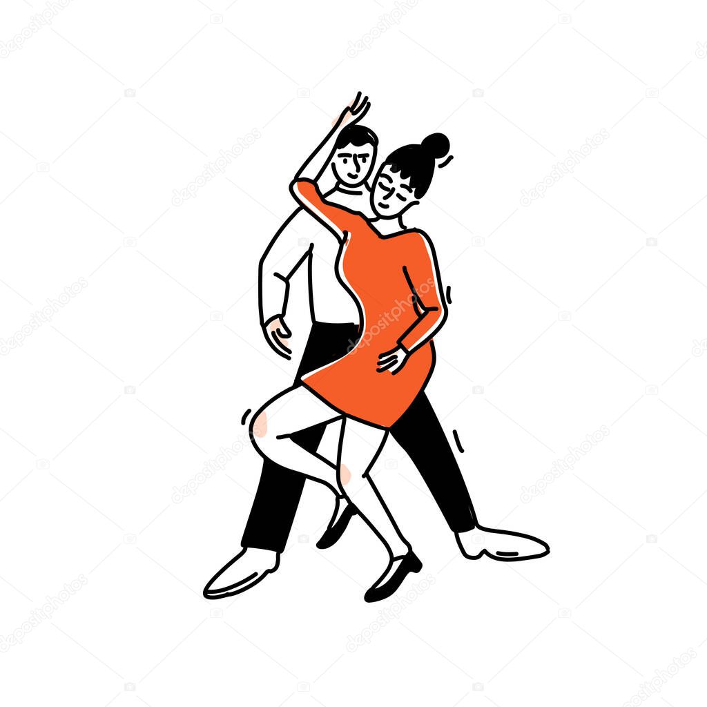 Woman in red dress dancing with man. Modern couple dance at party. Tango milonga vector outline illustration.