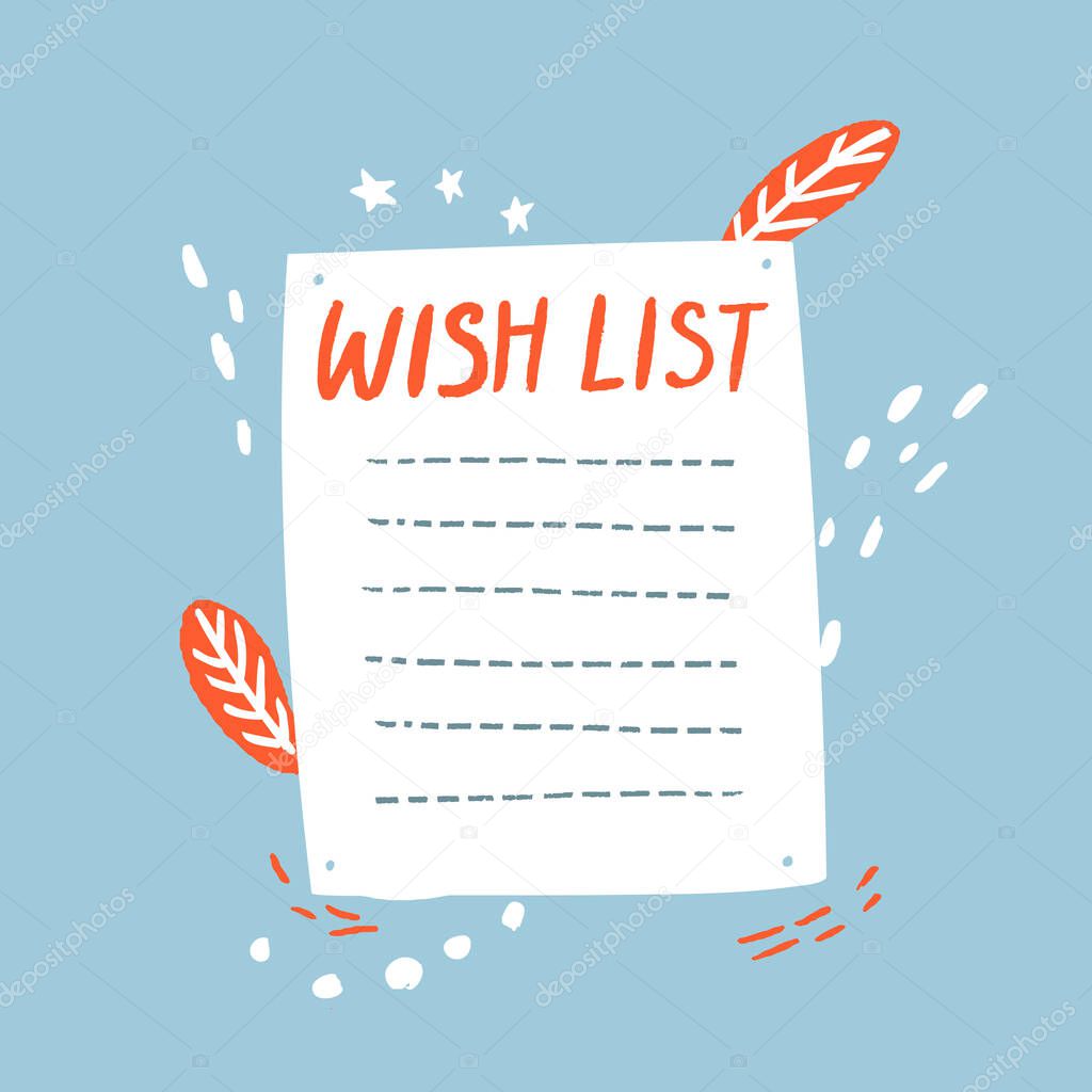Blank wish list template, lined sheet of paper on blue background with orange doodles. Journal page layout design.