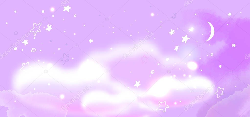 Pink and purple sky with fluffy clouds. Horizontal illustration of fantasy night sky with cresent and stars. Dreamy art for nursery room poster, magical moon.