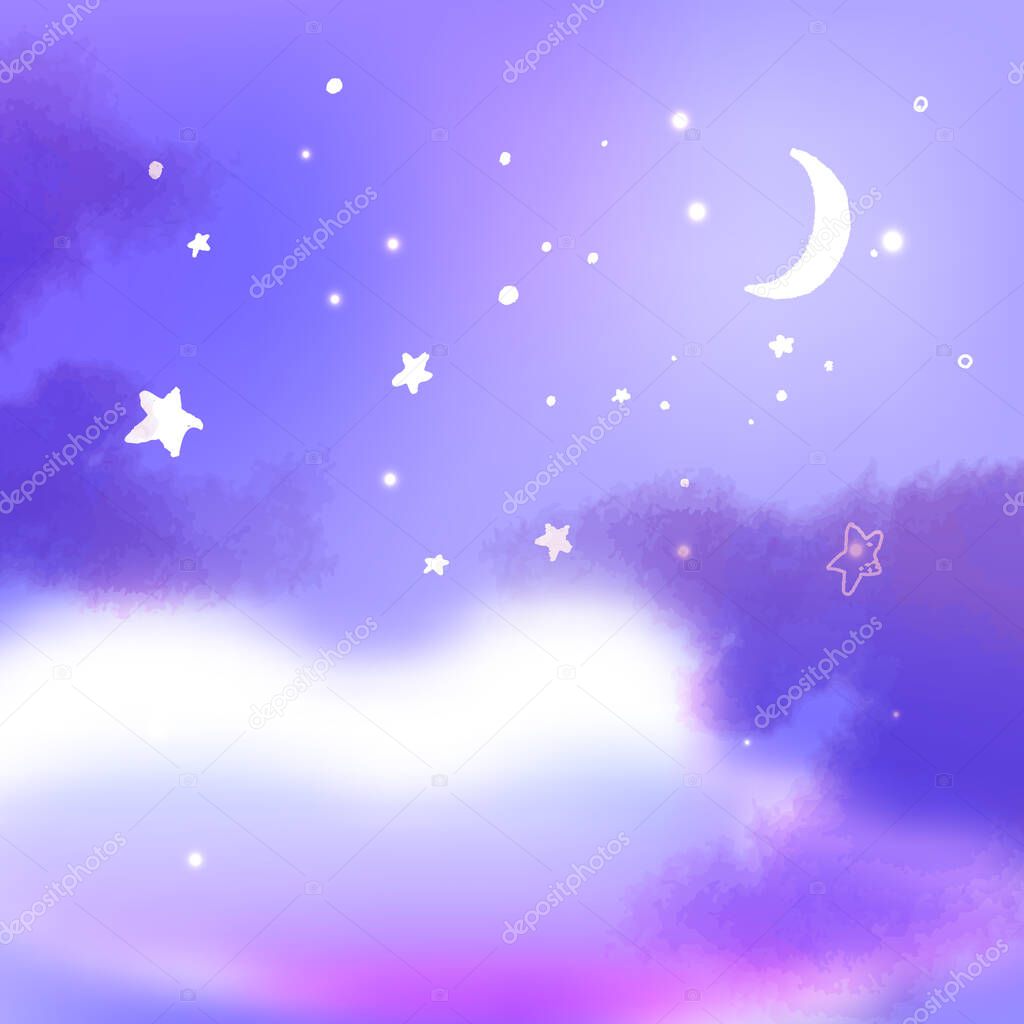 Purple night sky with moon, fluffy clouds and lots of stars. Dream illustration, peaceful fantasy background.