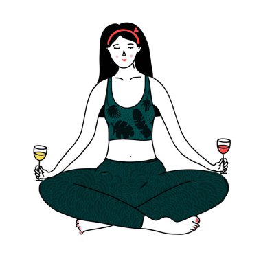 Şarap yogası illüstrasyonu. Bacak bacak üstüne atmış genç bir kadın beyaz ve kırmızı şarap kadehleriyle poz veriyor. Vektör karalama çizimi