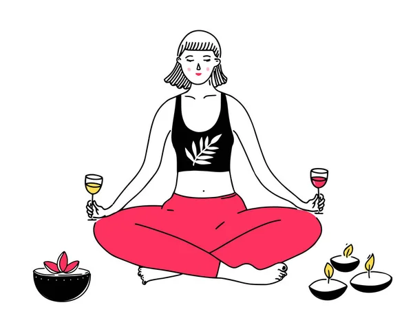 Kvinna Yoga Lotus Position Håller Vinglas Båda Händerna Rolig Illustration — Stock vektor