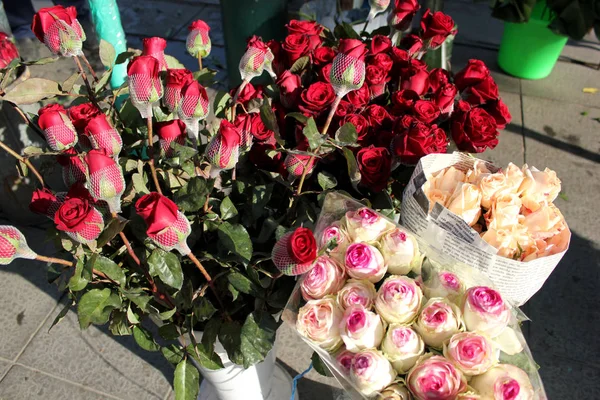 Schöne Blumen Eimer Auf Dem Straßenblumenmarkt — Stockfoto