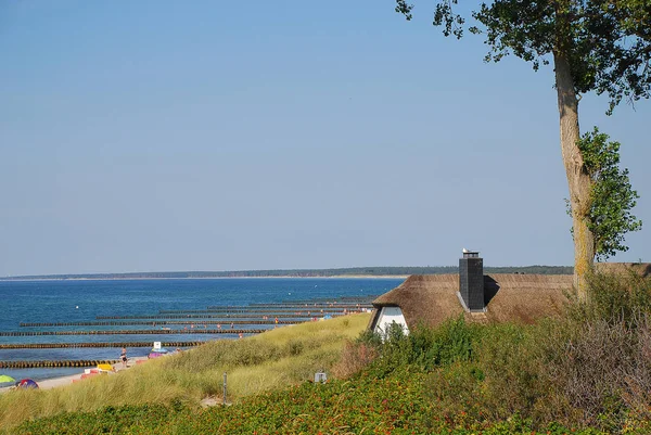 在阳光明媚的夏日 德国达斯 阿伦肖普 波罗的海沿岸的一座典型的茅草建筑 海岸景观 达尔斯是波罗的海南岸菲斯奇兰 达尔斯 津斯特半岛的中部 — 图库照片