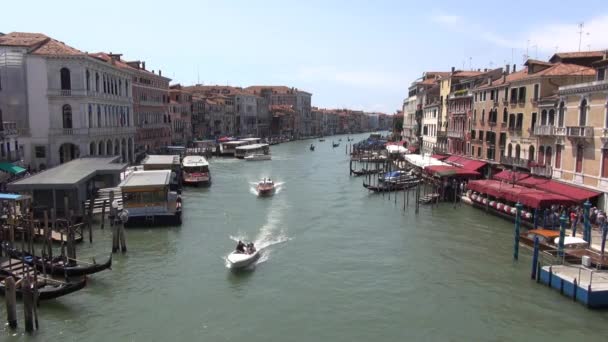 从意大利威尼斯里亚托桥到大运河 有船只和建筑物 — 图库视频影像