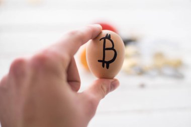 Egg with logo bitcoin in hand. The concept of Crypto-currency clipart