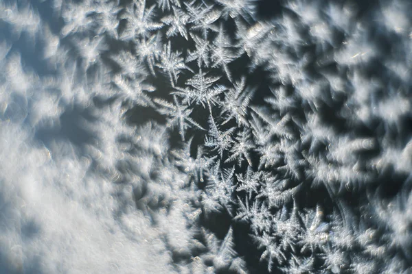 Frosty patterns on the frozen window are macro. Winter background — Stock Photo, Image