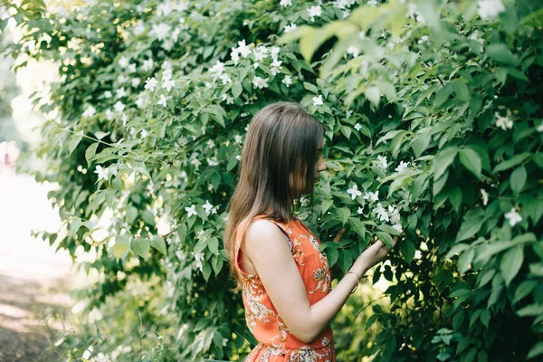 Belle jeune fille dans une robe rouge d'été dans un parc — Photo