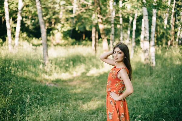 Красива молода дівчина в літній червоній сукні в парку — стокове фото