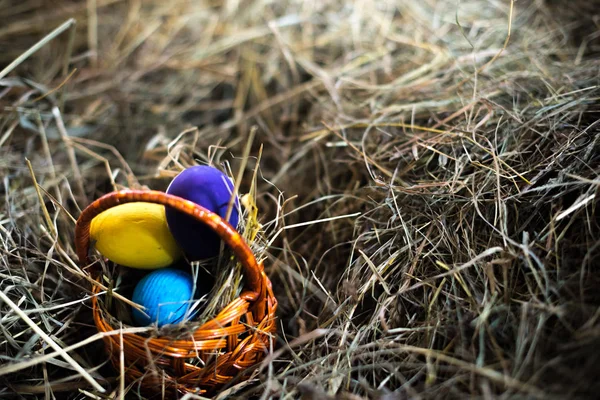 Huevos de Pascua en una canasta sobre un heno con un fondo borroso —  Fotos de Stock