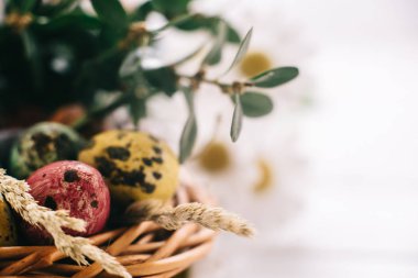 Beyaz ahşap bir arka planda sepetteki paskalya yumurtaları