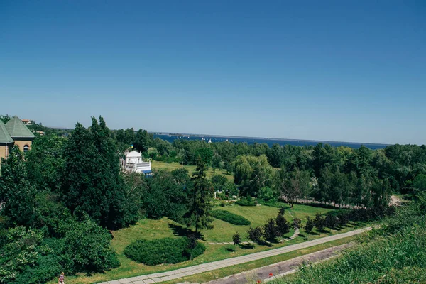 Summer sunny landscape from the air. Park and river view — Stock Photo, Image