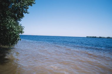 yeşillikler ve mavi gökyüzü ile akıntıyla nehir suyu