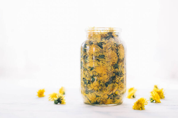 Dandelions in a glass jar on a white background