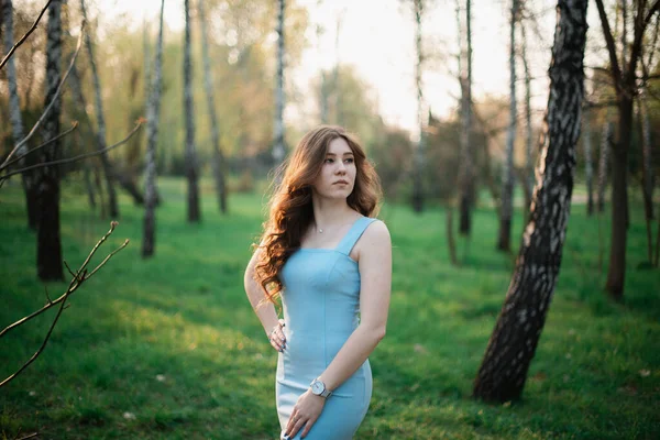 Menina bonita em um vestido azul em um parque de primavera — Fotografia de Stock