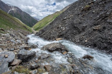 Güneşli baharda kayalık dağlarda akan hızlı dağ nehrinin resimsel manzarası 