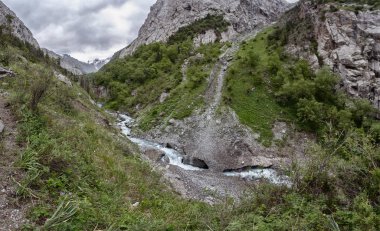 Güneşli bir günde dağların arasında akan nehrin resimsel görüntüsü  