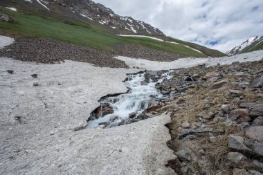 Güneşli baharda kayalık dağlarda akan hızlı dağ nehrinin resimsel manzarası 