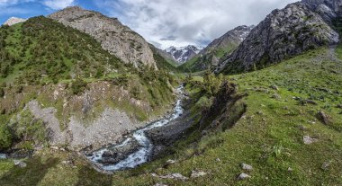 Güneşli bir günde dağların arasında akan nehrin resimsel görüntüsü  