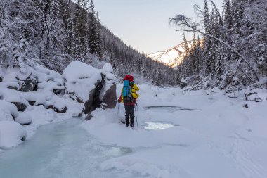 Güneşli kış günlerinde, sırt çantalı, karlı dağlarda yürüyüş yapan sıcak spor elbiseli bir gezgin. 