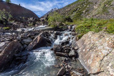 Güneşli baharda kayalık dağlarda akan hızlı dağ deresinin resimsel görüntüsü 