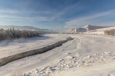 Soğuk dağ nehrinin güneşli kış günündeki manzarası. 