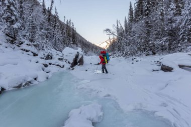 Güneşli kış günlerinde, sırt çantalı, karlı dağlarda yürüyüş yapan sıcak spor elbiseli bir gezgin. 